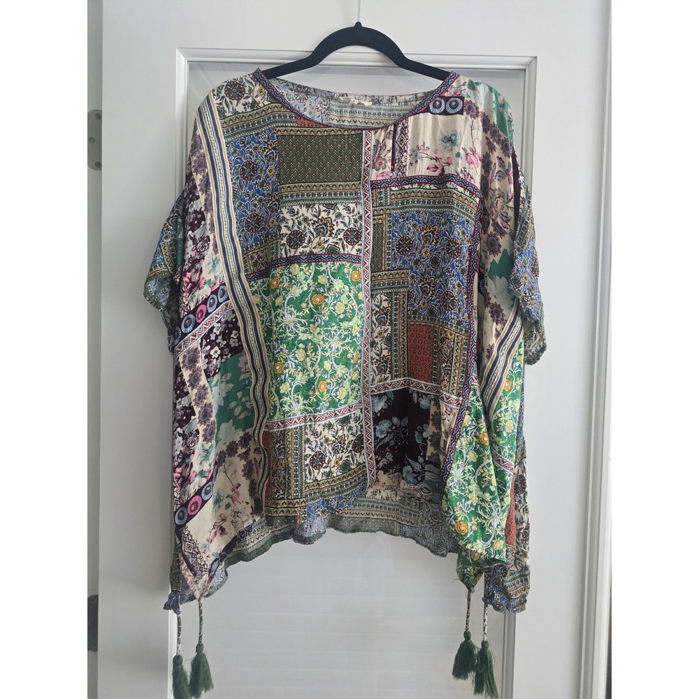 Easel Los Angeles Womens Medium Patchwork Floral Tassel Oversized Boho Top Multi